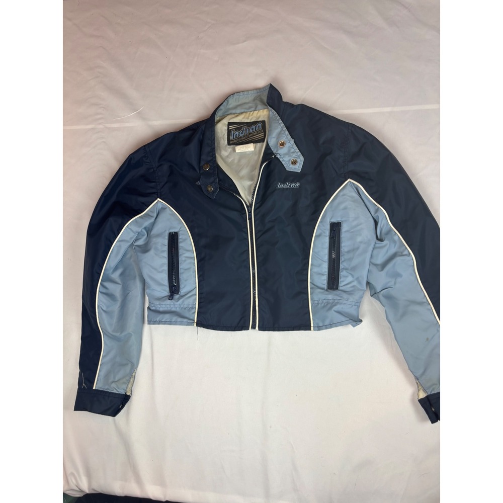 Vintage Indian Motorcycle Cropped Racing Jacket Blue Nylon Windbreaker Womens M